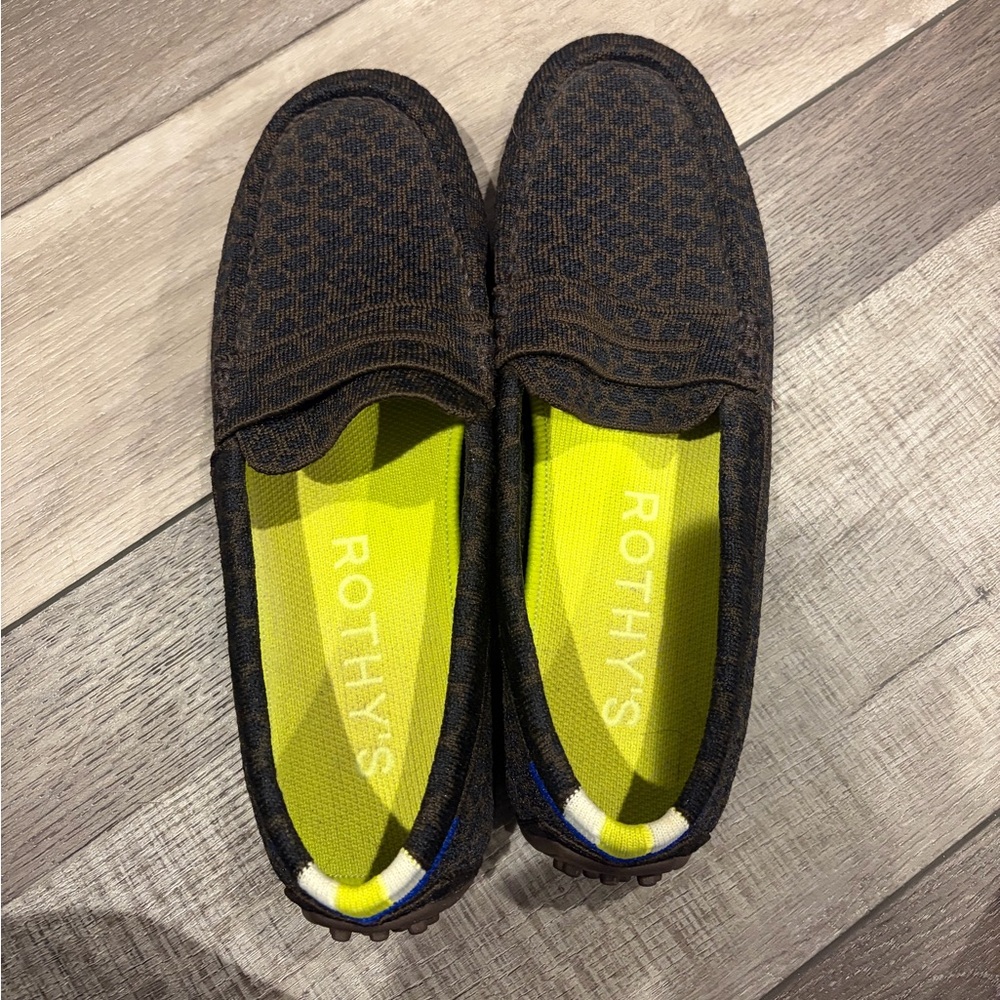 Rothy's Dark Brown leopard print Loafers with Yellow Insole and detailed back